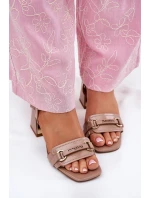 Skórzane Lakierowane Sandały Damskie Na Słupku Beżowe Mevonelle