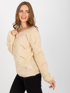 Klasický béžový ažurový sveter s vlnou OCH BELLA