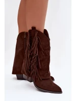 Dámské kožené boty s třásněmi na podpatku čokoládové Gralina