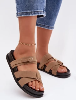 Dámské pantofle s pásky a zlatým přezkou tmavě béžové Selorina