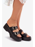 Klapki Damskie Na Koturnie I Platformie Z Klamrami Czarne Nitarelia