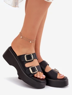 Klapki Damskie Na Koturnie I Platformie Z Klamrami Czarne Nitarelia