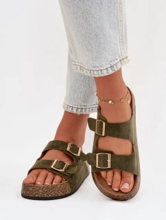 Dámské pantofle na korkové platformě se zlatými sponami Zelená Tovessa