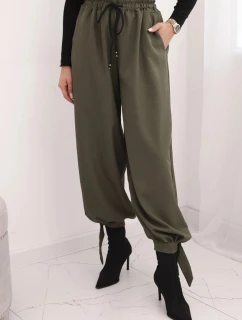 Dámske nohavice so širokými nohavicami a khaki viazaním v spodnej časti