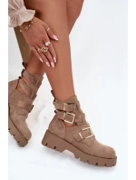 Botki Damskie Z Paskami I Złotymi Klamrami Beżowe Helisse