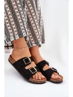 Klapki Damskie Na Korkowej Platformie Ze Złotymi Klamrami Czarne Lisavionea