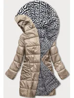 Béžovo-biela preložená obálková dámska bunda s kapucňou (B8040-12026)