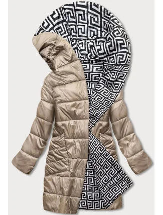 Béžovo-biela preložená obálková dámska bunda s kapucňou (B8040-12026)