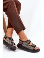 Damskie Wzorzyste Materiałowe Sandały Ze Złotymi Detalami Beżowo-Czarne Pefese