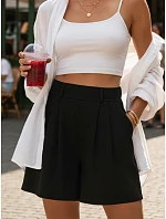 Dámske letné textilné šortky s kožou a ľanom čierne FashionStreet SY0548 Dámske letné textilné šortky s kožou a ľanom čierne FashionStreet SY0548