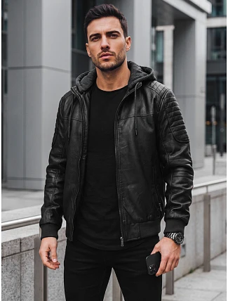 Pánska kožená zateplená bunda s kapucňou, čierna, FashionStreet TX5141