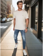 Pánske bavlnené základné tričko s výšivkou cappuccino FashionStreet RX5638