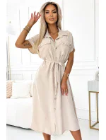 550-1 Midi košeľa so zlatými gombíkmi, kravatou a krátkymi rukávmi - béžová 550-1 Midi košeľa so zlatými gombíkmi, kravatou a krátkymi rukávmi - béžová