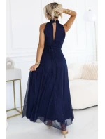 636-2 VERONICA luxusné dlhé šaty s brokátovým akcentom a elegantným strihom - tmavomodré
