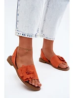 Kožené semišové sandály na plochém podpatku s ozdobným květem Zazoo 407471 Oranžové