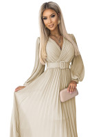 KLARA - Béžové dámske plisované šaty s opaskom a výstrihom 414-8