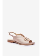 Skórzane Sandały Na Płaskim Obcasie Z Ozdobą Laura Messi 2865 Złote