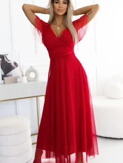 562-7 NASTIA Dlhé šaty s výstrihom a krátkymi rukávmi - ČERVENÉ