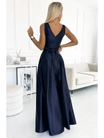 508-1 CINDY dlhé saténové šaty s výstrihom a mašľou - ZELENÉ