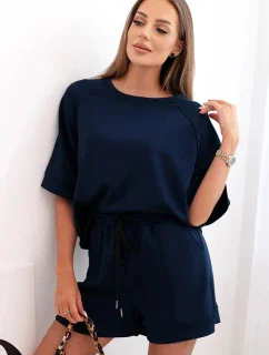 Dámska maslová súprava s blúzkou s krátkym rukávom a šortkami s gumičkou tmavomodrá