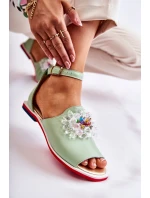 Damskie Skórzane Sandałki Z Ozdobą Zielone Nevassa