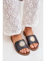 Skórzane Klapki Z Ozdobą Na Płaskim Obcasie Zazoo 3047/O Czarne