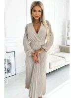 504-2 VIVIANA Plisované midi šaty s výstrihom, dlhými rukávmi a širokým opaskom - BEACH 504-2 VIVIANA Plisované midi šaty s výstrihom, dlhými rukávmi a širokým opaskom - BEACH