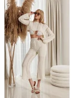 Dámska čipkovaná súprava vo farbe ecru - top a dlhé nohavice (1978)