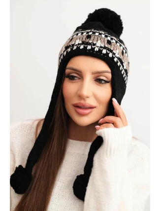 Dámska zimná vlnená čiapka s ušnými klapkami a bambuľkami K436 black + mocha