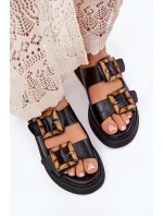 Eko Skórzane Klapki Damskie Na Platformie Z Klamrami Czarne Xanivia