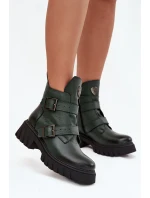 Skórzane Ocieplane Botki Damskie Z Klamrami I Ozdobnym Detalem Zazoo 60482 Ciemnozielone