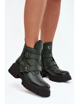 Skórzane Ocieplane Botki Damskie Z Klamrami I Ozdobnym Detalem Zazoo 60482 Ciemnozielone