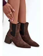 Skórzane Zamszowe Botki Damskie Na Słupku Ocieplane Artiker 57C0047 Brązowe