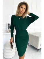 LARA - Dámske šaty vo fľaškovo zelenej farbe so sťahovacími lemami na rukávoch 399-2