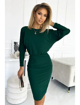 LARA - Dámske šaty vo fľaškovo zelenej farbe so sťahovacími lemami na rukávoch 399-2