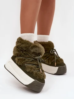 Śniegowce Damskie Na Masywnej Platformie Z Wiązaniem I Futerkiem Ciemnozielone Kalivira