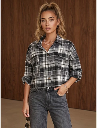 Dámska flanelová košeľa s kockovaným vzorom, sivá, FashionStreet DY0497