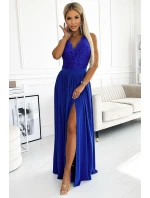 211-7 LEA dlhé šaty s čipkovaným výstrihom - MODRÉ