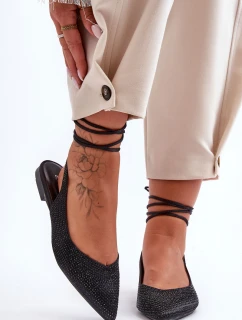 Wiązane Damskie Baleriny Zdobione Ćwiekami Czarne Jange