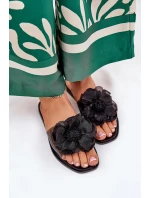 Transparentne Płaskie Klapki Damskie Ze Sztucznym Kwiatem Czarne Vobetta