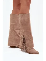 Wsuwane Kozaki Kowbojki Damskie Na Słupku Z Frędzlami Beżowe Zalia