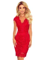 Červené krajkové dámske šaty s krátkymi rukávmi a dekoltom 316-1