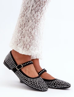 Eko Zamszowe Baleriny Ozdobione Dżetami Czarne Tinara