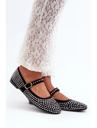 Eko Zamszowe Baleriny Ozdobione Dżetami Czarne Tinara