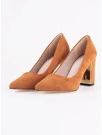 Dámske semišové lodičky na stĺpikovom podpätku GD-OC-100C Camel hnedá - GOODIN