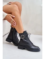 Skórzane Botki Workery Ocieplane Na Zamek Z Ozdobą Czarne Lorevine