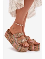 Klapki Damskie Na Masywnej Platformie Z Plecionką I Klamrami Multikolor Eradriana