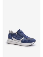 Sneakersy Damskie Na Platformie Z Ażurowym Wzorem I Brokatem INBLU IN000372 Niebieskie