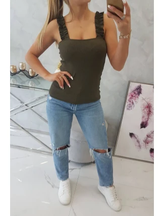 Blúzka s nariasenými ramienkami vo farbe khaki