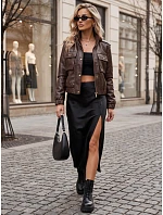 Dámska kožená bomberová bunda na prechodné obdobie, tmavohnedá, FashionStreet TY5872 Dámska kožená bomberová bunda na prechodné obdobie, tmavohnedá, FashionStreet TY5872